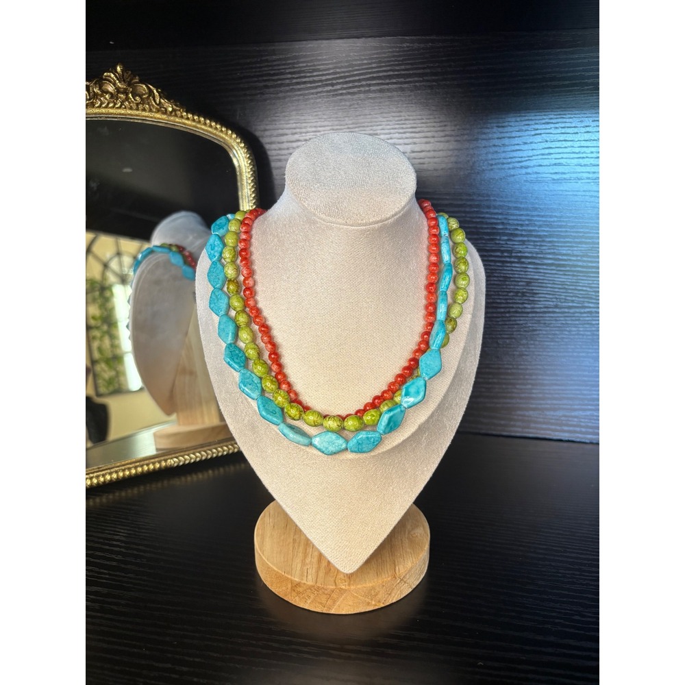Multi Strand Beaded Statement Necklace Turquoise Green Coral‎ Toggle Clasp